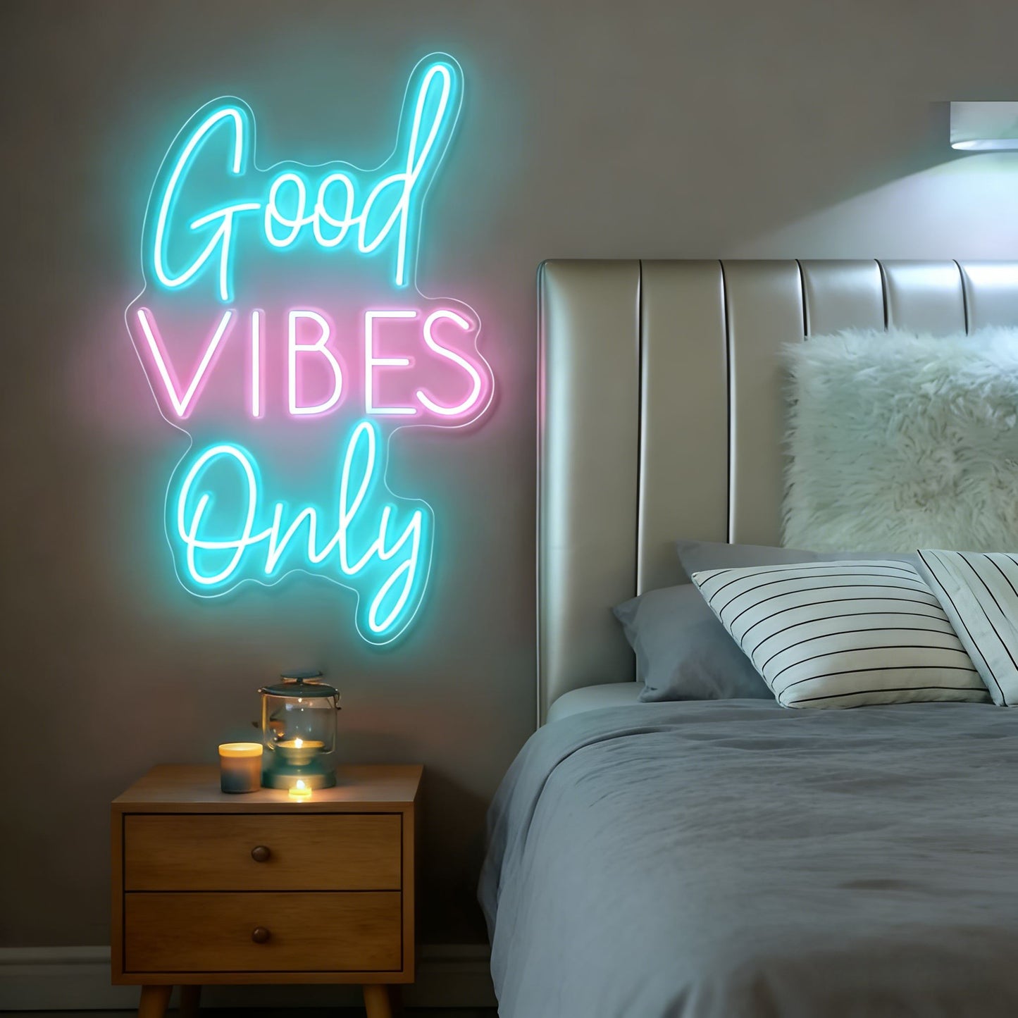 Enseigne néon LED bleu et rose "Good Vibes Only"